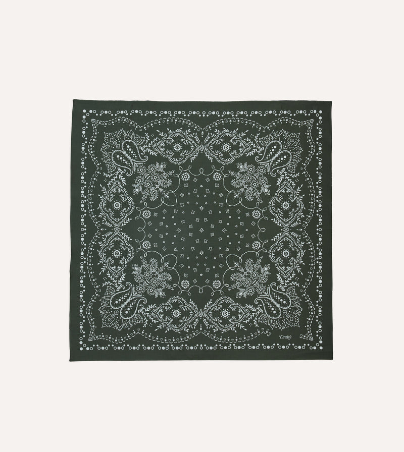 Drake's Paisley Print Cotton Bandana / Dark Green