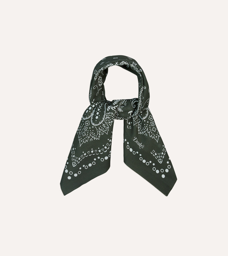 Drake's Paisley Print Cotton Bandana / Dark Green