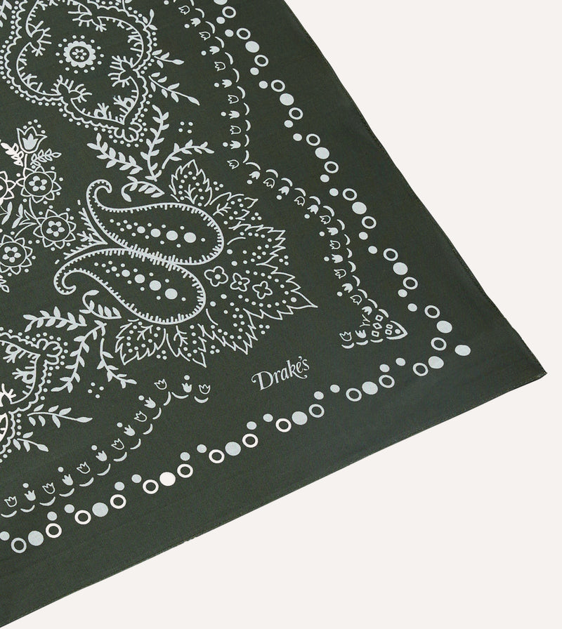 Drake's Paisley Print Cotton Bandana / Dark Green
