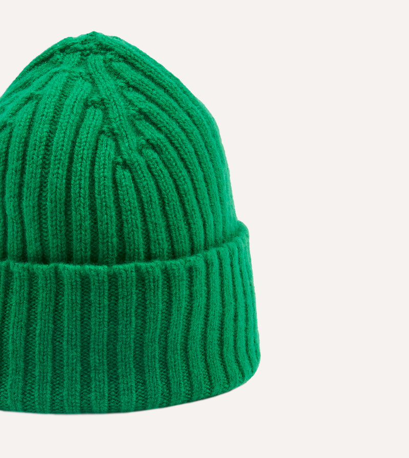 Drake's Lambswool Ribbed Knit Beanie / Billiard Green