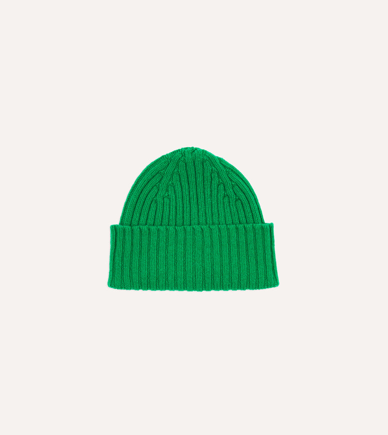 Drake's Lambswool Ribbed Knit Beanie / Billiard Green