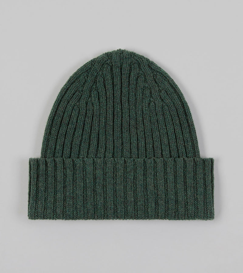Drake's Lambswool Ribbed Knit Beanie / Green