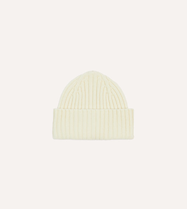 Drake's Lambswool Ribbed Knit Beanie / Ecru
