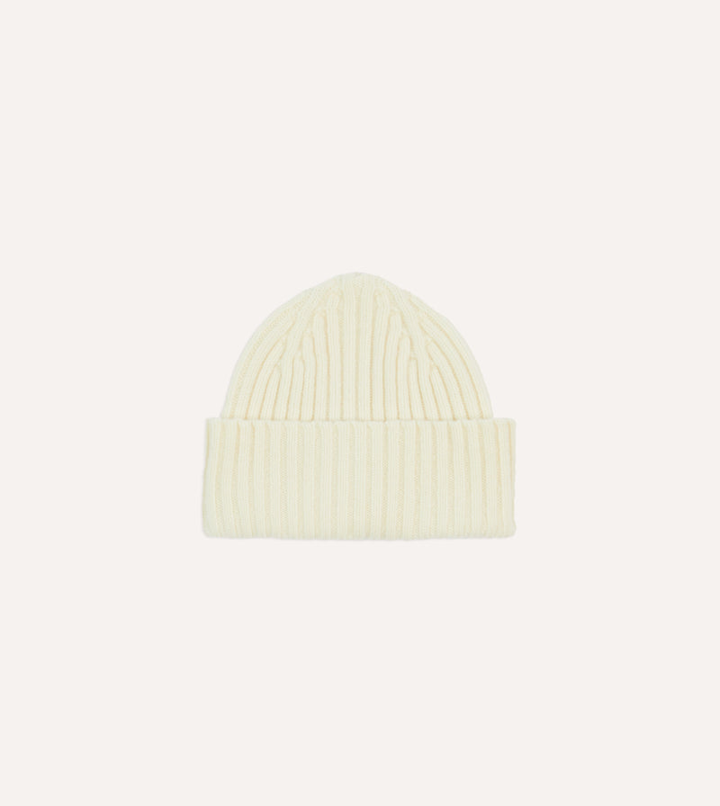 Drake's Lambswool Ribbed Knit Beanie / Ecru