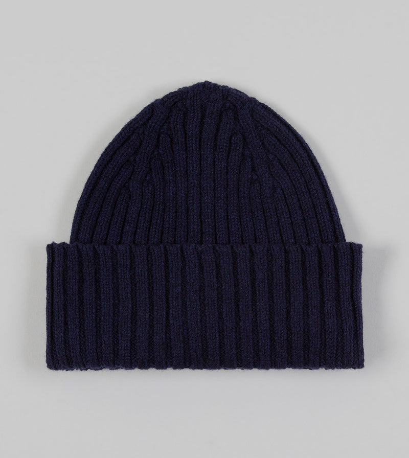 Drake's Lambswool Ribbed Knit Beanie / Navy