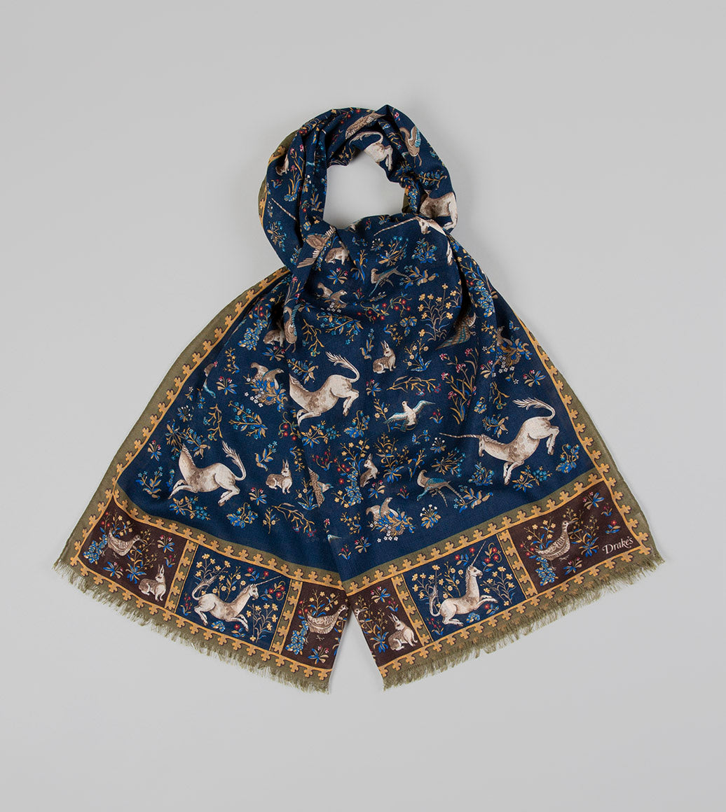 Drake's Unicorn Print Wool Silk Scarf / Navy