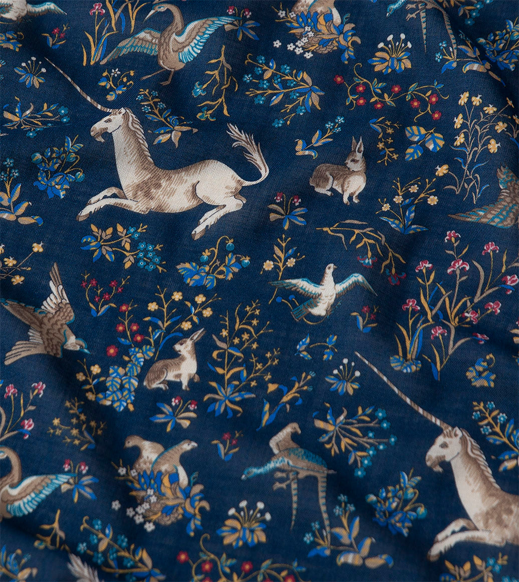 Drake's Unicorn Print Wool Silk Scarf / Navy