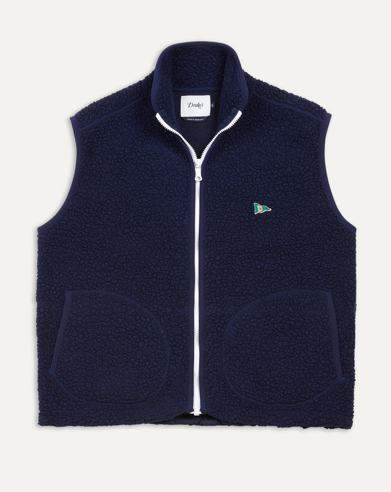 Composition: 60% wo 21% pa 15% pl 4% Other Fibres DR2A50-21569-02-250-M Made in Portugal Drake's Boucle Wool Zip Fleece Vest / Navy