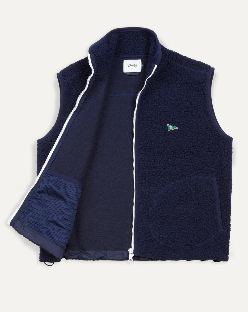 Composition: 60% wo 21% pa 15% pl 4% Other Fibres DR2A50-21569-02-250-M Made in Portugal Drake's Boucle Wool Zip Fleece Vest / Navy