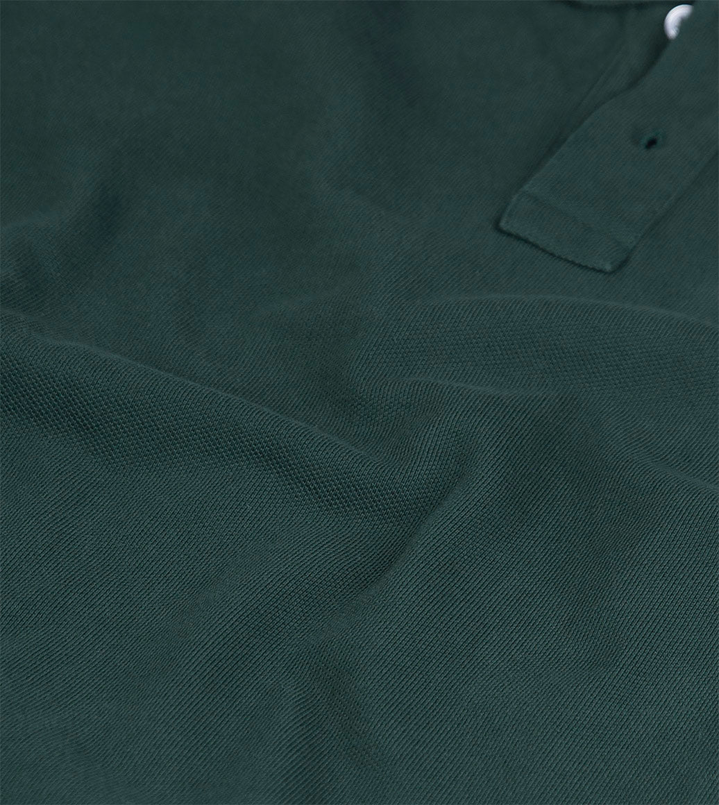 Drake's Pique Cotton LS Polo Shirt / Forest Green