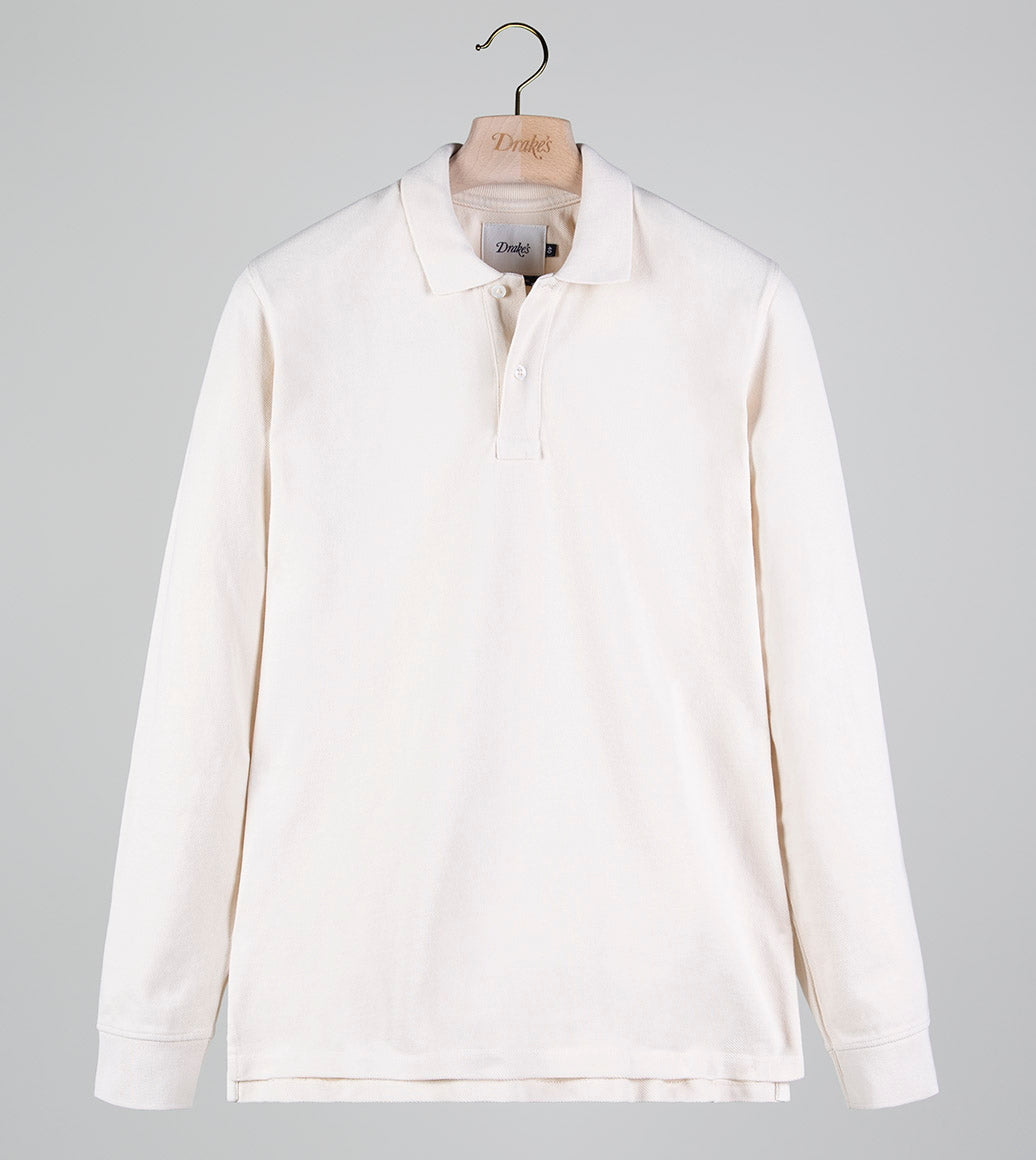 Drake's Pique Cotton LS Polo Shirt / Antique White