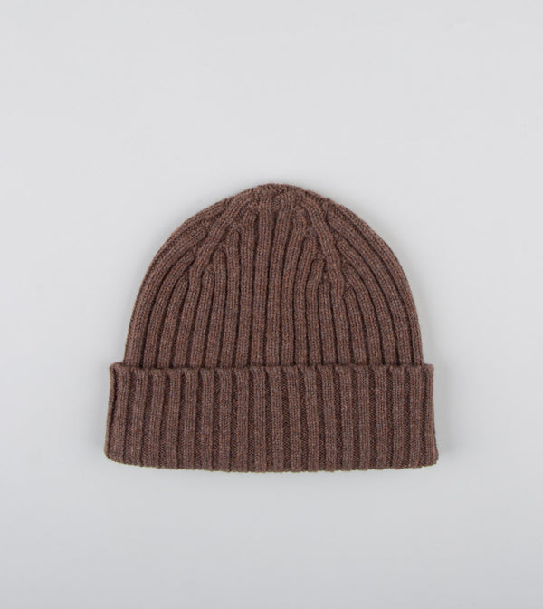 Drake's Lambswool Ribbed Knit Beanie / Brown