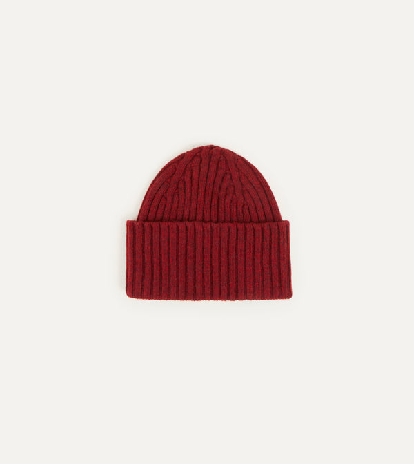 Drake's Lambswool Ribbed Knit Beanie / Red
