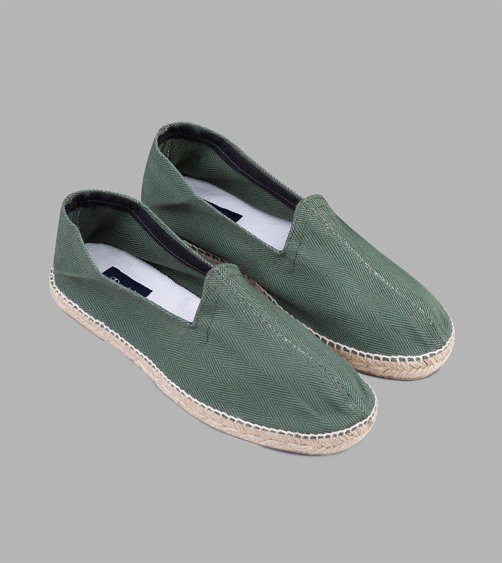 Drake's Cotton Herringbone Espadrilles / Green