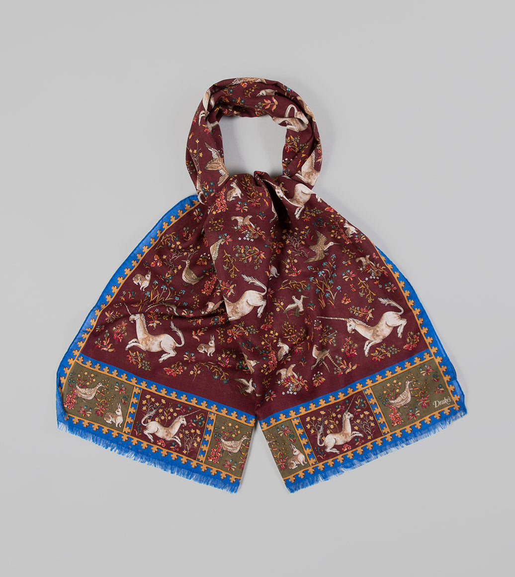 Drake's Unicorn Print Wool Silk Scarf / Burgundy