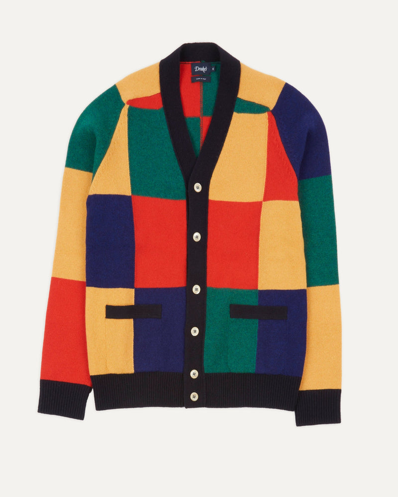 Drake's Patchwork Cardigan / Gold, Red & Navy