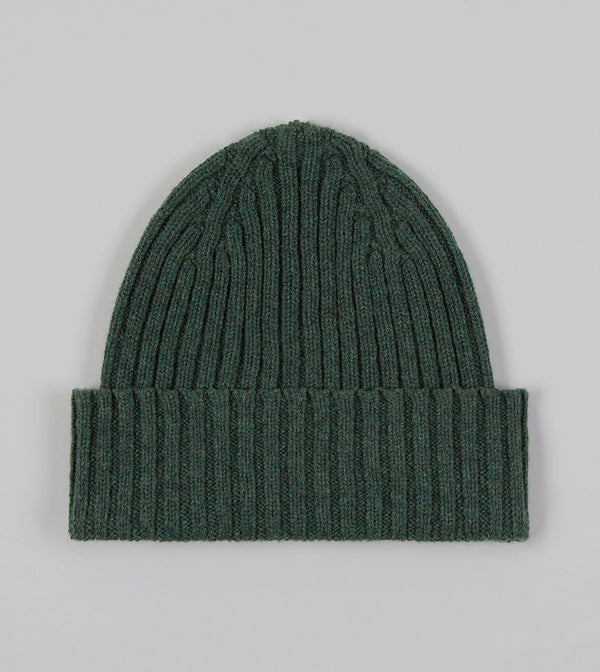 Drake's Lambswool Ribbed Knit Beanie / Green