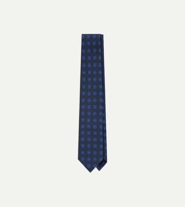 Drake's Medallion Silk Twill Madder Tie / Navy & Blue