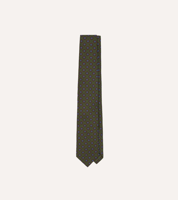 Drake's Square Flower Medallion Silk Tie / Green
