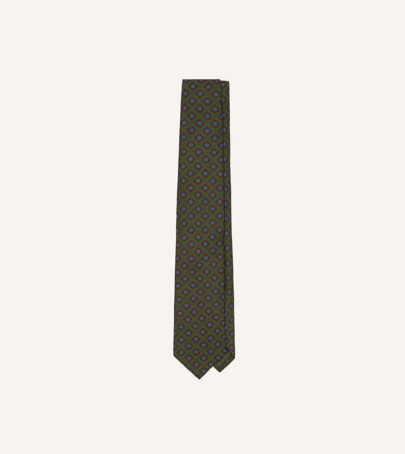Drake's Square Flower Medallion Silk Tie / Green