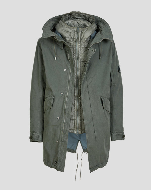 Art. 13CMOW274A 005966G Col. 669 / Thyme Green Water Resistant Adjustable Hood Detachable Lining Lens Detail Sleeve Pocket Two Front Flap Pockets C.P. Company 50 Fili Rubber Parka / Thyme Green