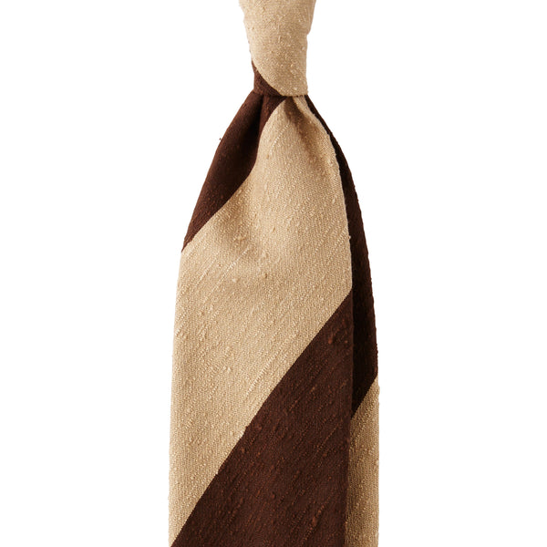 Viola Milano Block Stripe Handrolled Woven Shantung Tie / Brown/Sand
