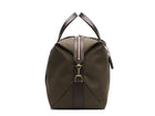 Measurements:  L: 47  H: 29  W: 24cm Body: Tight-woven cotton canvas Fabric composition: CO 94% PU 4% PC 2% - 709 gr/rm Trimmings: Dark brown custom developed vegetable tanned full-grain bridle leather Lining: 100% cotton in army colour  Hardware: Solid brass with varnish protection  Zipper: Hand polished YKK Excella travelling cosmopolitan, the M/S Avail is our latest take on a weekender that seamlessly merges style and function in a compact shape with enough room to easily hold a weekend
