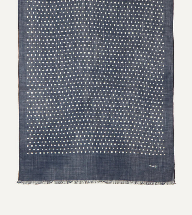 Drake's Polka Dot Print Wool Scarf / Navy