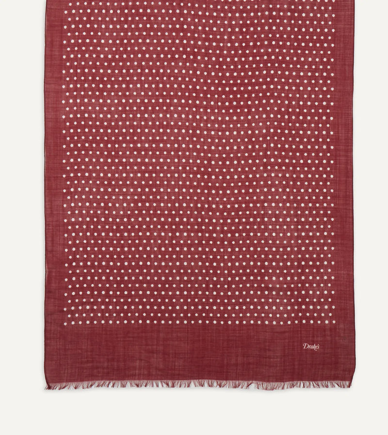 Drake's Polka Dot Print Wool Scarf / Red