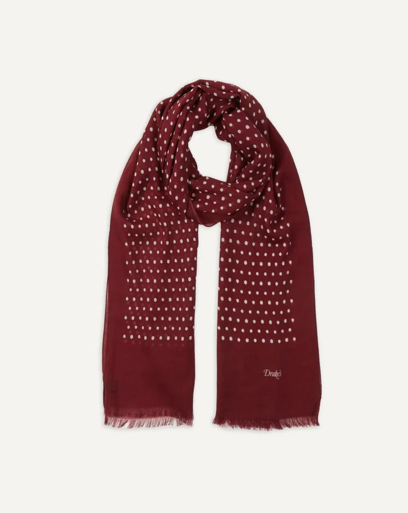 Drake's Polka Dot Print Wool Scarf / Red