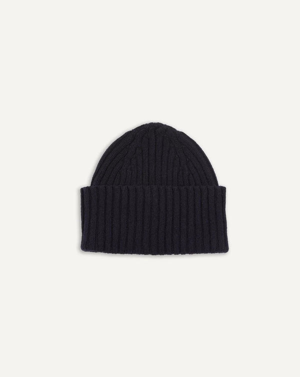 Drake's Lambswool Ribbed Knit Beanie / Navy