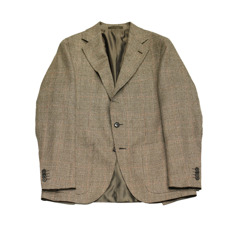 Caruso Aida jacket. Light brown glencheck pattern highlighted with delicate red over check. Wool,silk linen  Caruso represents the highest tailoring traditions Italy. handmade  full canvas structure inside. * Wool/SIlk/Linen mix summer jacket * Fully lined * Unconstructed shoulder * 3 roll 2 buttoning   * Side vents * Notch lapel * Patch pockets * Composition:  48% wool, 24% silk, 28% linen * Color: Light brown * Modello: Aida / ASM2JM304F * Article: 504541 * Colore: 0560 * Made in Italy
