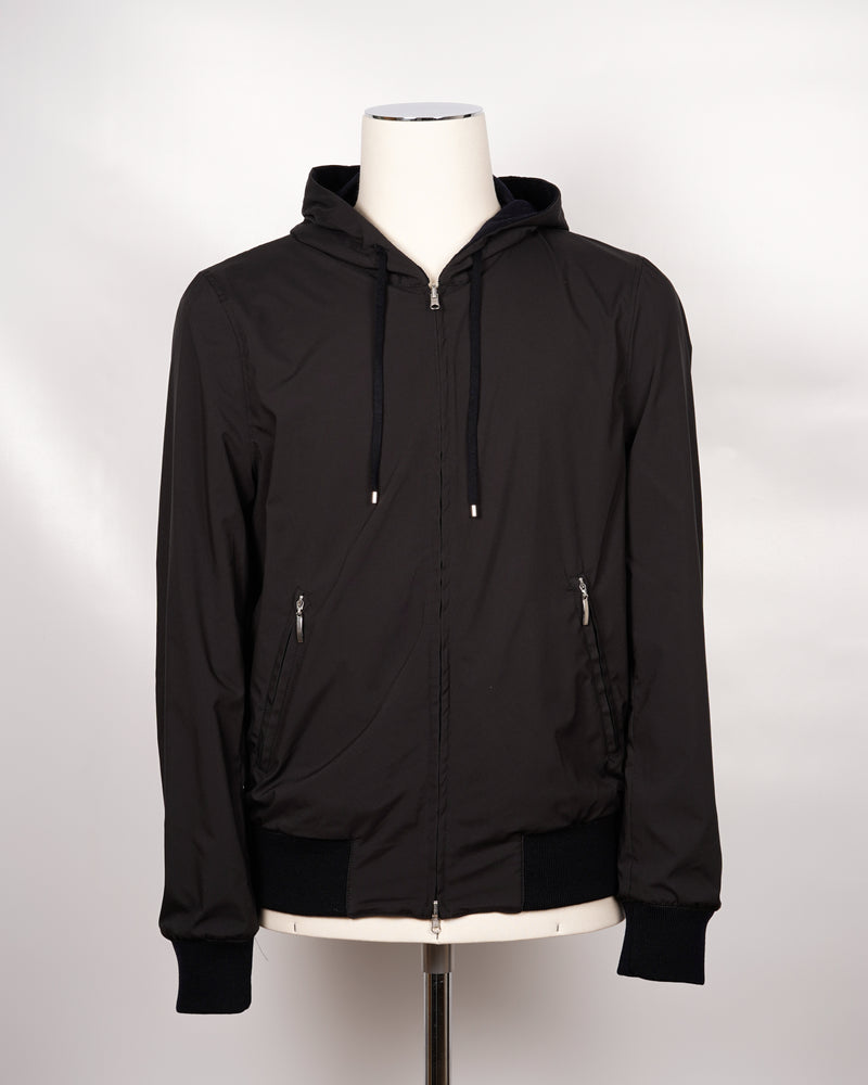 Gran Sasso reversible Rain wool hooded knit. Garment (the fibres of the wool) has been treated with TEFLON™ fabric protector applied by Zegna Baruffa Lane Borgosesia. This gives the final product  water resistance in all conditions and also protects against dry dirt and the absorption of liquid substances, whether water or oil. Real added value!  Gran Sasso Rain Wool Hoodie Article: 57105/69301 Made in italy