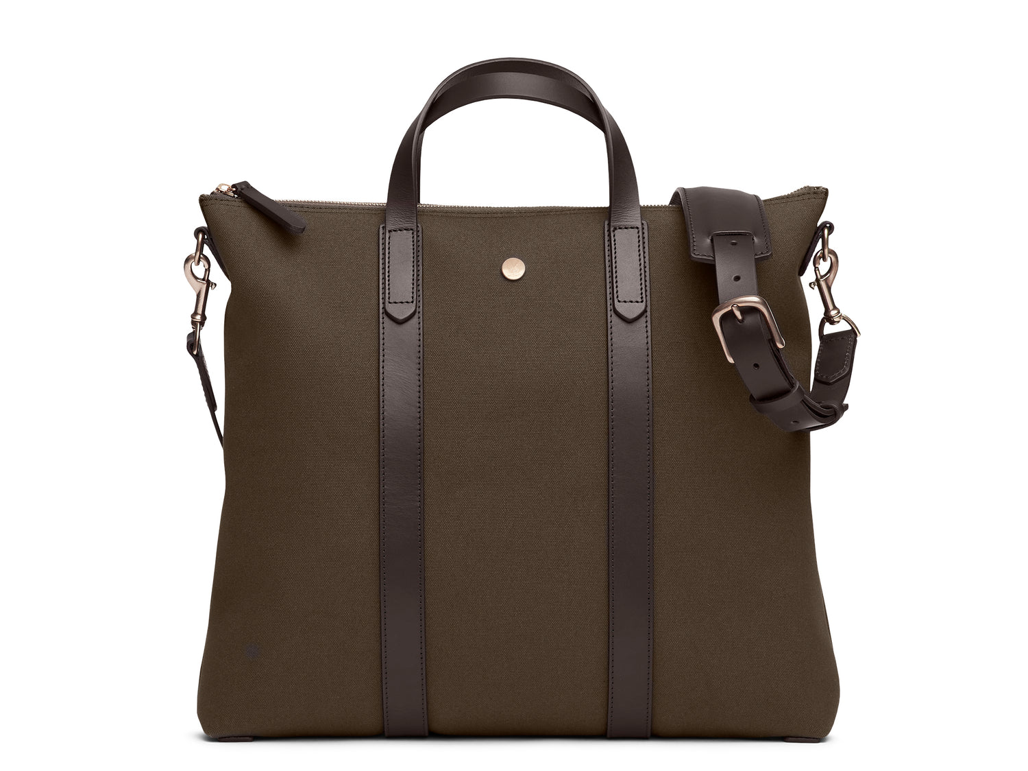 Mismo m/s mate classic tote bag Measurements: L: 37  H: 40  W: 8cm Body: Tight-woven cotton canvas Fabric composition: CO 94% PU 4% PC 2% - 709 gr/rm Trimmings: Dark brown custom developed vegetable tanned full-grain bridle leather Lining: 100% cotton in army colour  Hardware: Solid brass with varnish protection  Zipper: Hand polished YKK Excella Ert. No. MS710118