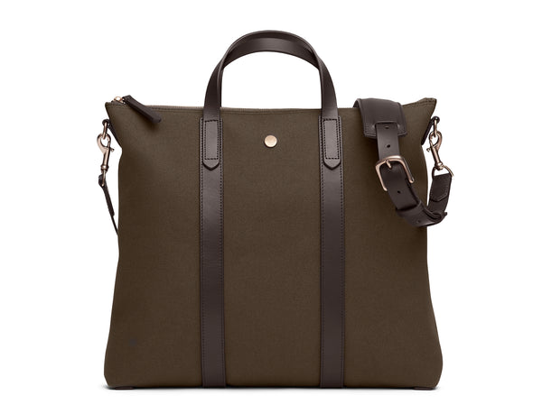 Mismo m/s mate classic tote bag Measurements: L: 37  H: 40  W: 8cm Body: Tight-woven cotton canvas Fabric composition: CO 94% PU 4% PC 2% - 709 gr/rm Trimmings: Dark brown custom developed vegetable tanned full-grain bridle leather Lining: 100% cotton in army colour  Hardware: Solid brass with varnish protection  Zipper: Hand polished YKK Excella Ert. No. MS710118