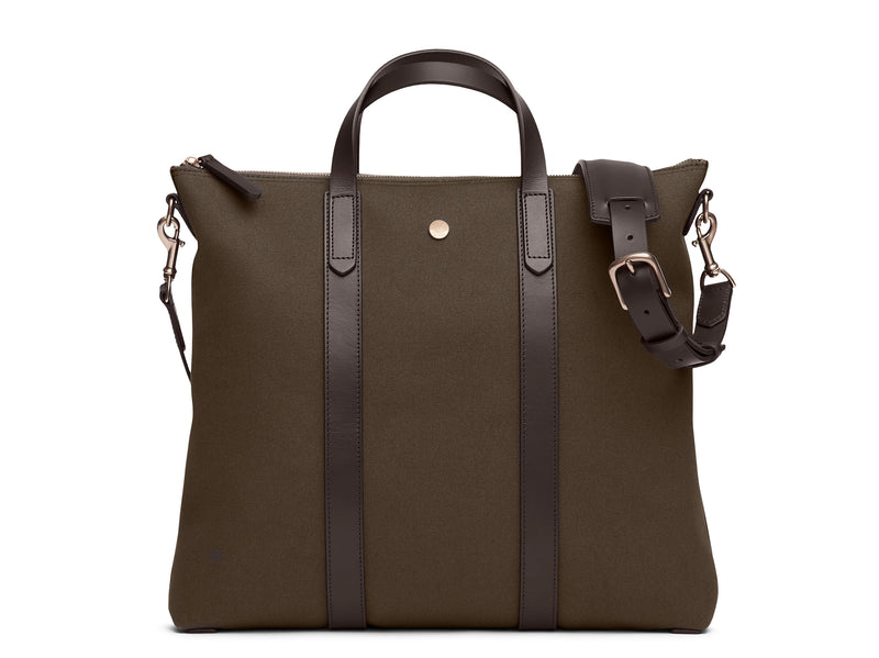 Mismo m/s mate classic tote bag Measurements: L: 37  H: 40  W: 8cm Body: Tight-woven cotton canvas Fabric composition: CO 94% PU 4% PC 2% - 709 gr/rm Trimmings: Dark brown custom developed vegetable tanned full-grain bridle leather Lining: 100% cotton in army colour  Hardware: Solid brass with varnish protection  Zipper: Hand polished YKK Excella Ert. No. MS710118