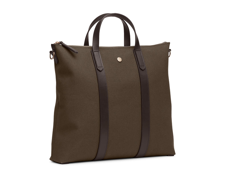 Mismo m/s mate classic tote bag Measurements: L: 37  H: 40  W: 8cm Body: Tight-woven cotton canvas Fabric composition: CO 94% PU 4% PC 2% - 709 gr/rm Trimmings: Dark brown custom developed vegetable tanned full-grain bridle leather Lining: 100% cotton in army colour  Hardware: Solid brass with varnish protection  Zipper: Hand polished YKK Excella Ert. No. MS710118