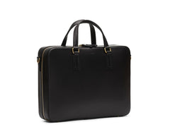 Measurements: L: 39  H: 29  W: 8,5cm Body: Vegetable tanned full-grain cow leather Leather trimmings: Vegetable tanned full-grain cow leather Hardware: Polished ZAMAK Hooks - Golden Lining: Cotton/nylon stripe lining - Off white/anthracite Zippers: Hand-polished YKK Excella  Art. No. FG010118 briefcase in a design kept as clean as possible to allow the vegetable full-grain leather to really shine. Features a signature zipper opening that runs from bottom to bottom