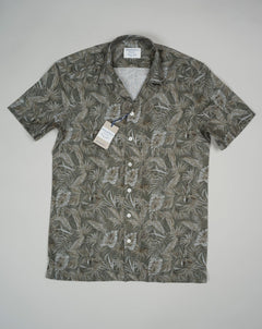Ghirardelli Camp Collar Palm Print Shirt / Green 70% Cotton 30% Linen Col. 01 / Green Camp Collar