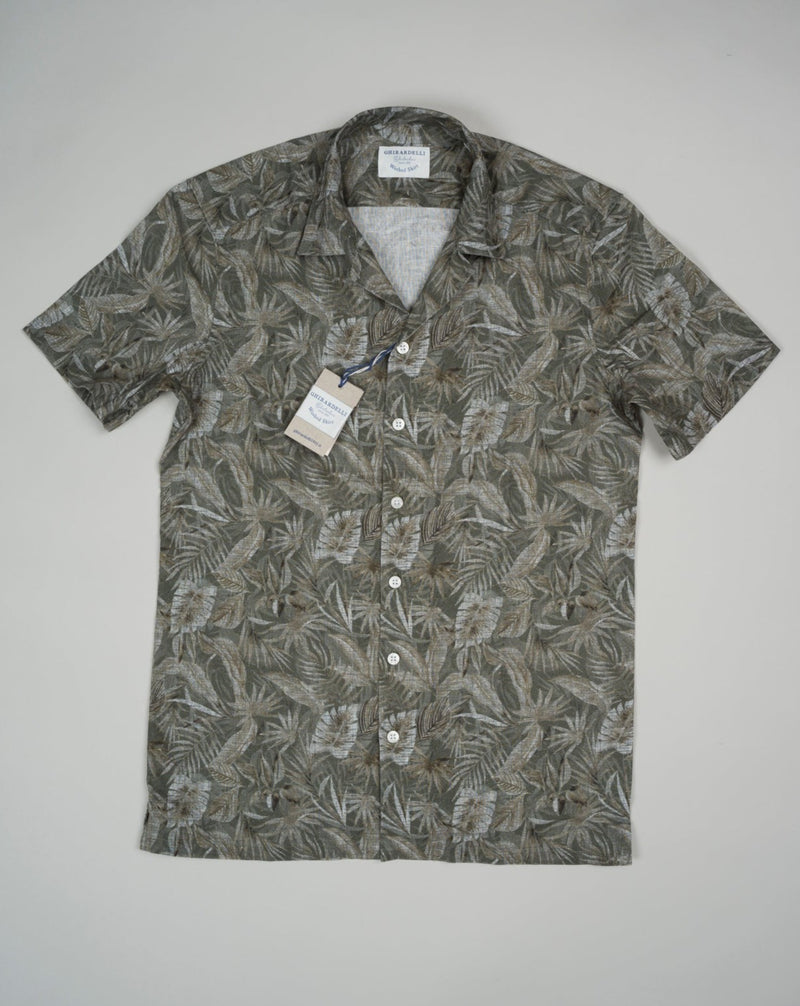 Ghirardelli Camp Collar Palm Print Shirt / Green 70% Cotton 30% Linen Col. 01 / Green Camp Collar