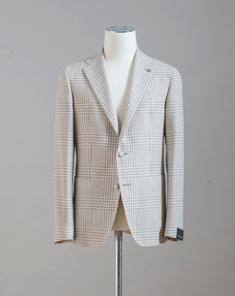 Tagliatore Wool & Cotton Glencheck Jacket. Bold checks, but very sophisticated color way. Beautiful to combine with variations of browns and grays. 55% wool & 45% cotton Mod. 1SMC22K Col. A1265 Cream & Taupe Made in Martina Franca, Italy