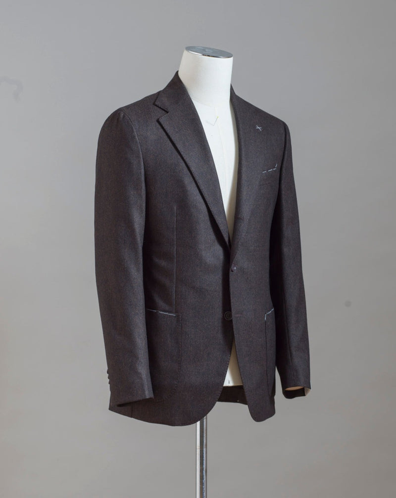 De Petrillo glencheck flannel jacket. Master piece of rtw tailoring. Mod. Posilipo Art. TW19102F Col. 6970 / Dark Brown 100% Wool Drop 7 Made in Naples, Italy