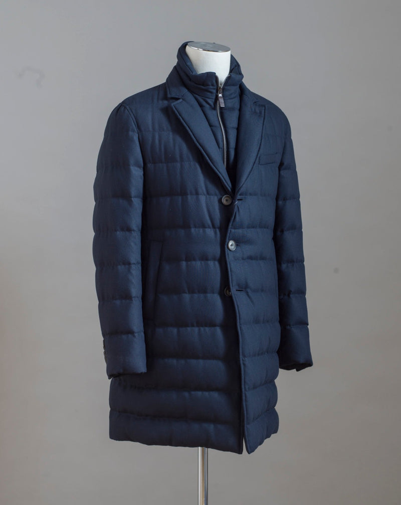 Long Down Overcoat by Herno. Removable zippered bib and slanted side pocket for practicality... to warm your hands that is.  Upper: 70%Viscose 30%Virgin Wool Filling: 80% Down 20% Feather PI000906U 33278 Col. 9200 / Navy