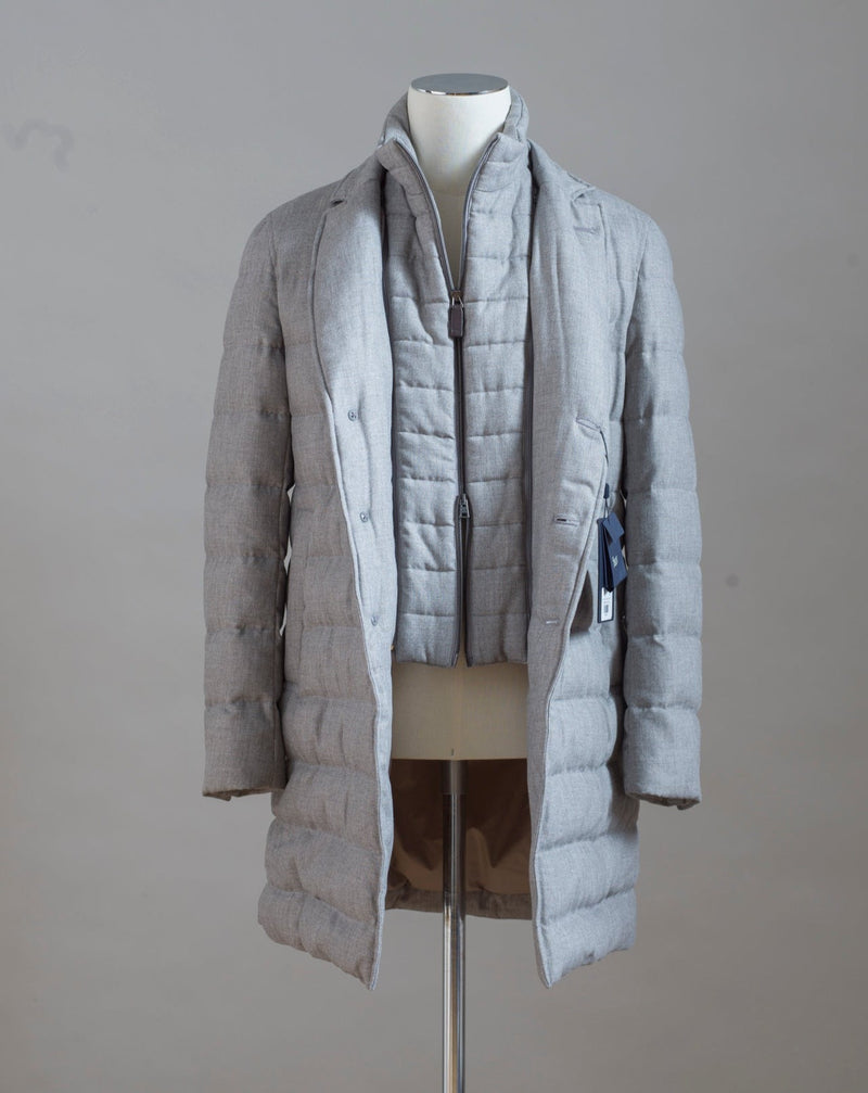 Long Down Overcoat by Herno. Removable zippered bib and slanted side pocket for practicality... to warm your hands that is. Main Fabric 70%Viscose 30%Virgin Wool 80% Down 20% Feather PI000906U 33278 Col. 9478 / Light Grey