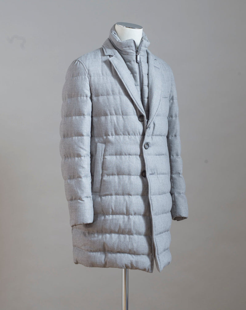 Long Down Overcoat by Herno. Removable zippered bib and slanted side pocket for practicality... to warm your hands that is. Main Fabric 70%Viscose 30%Virgin Wool 80% Down 20% Feather PI000906U 33278 Col. 9478 / Light Grey