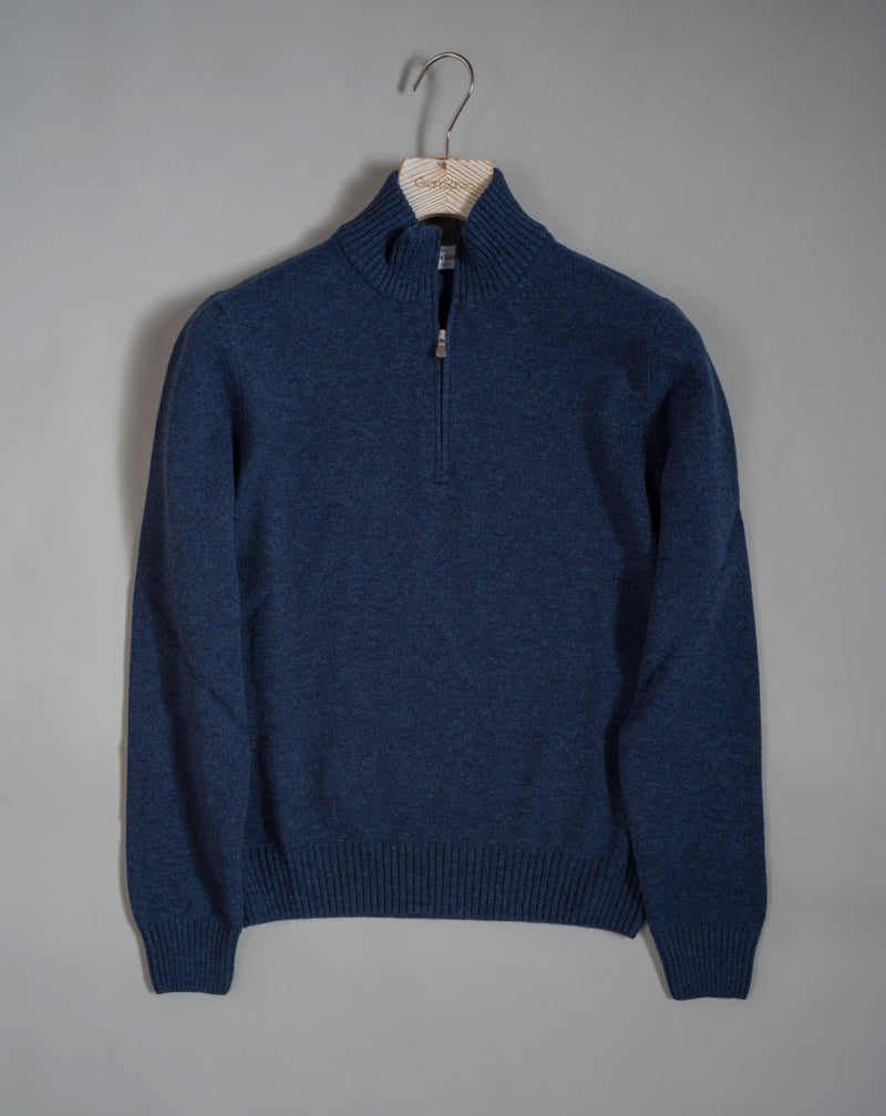 2-ply mock zip sweater cashmere blend. An evergreen male wardrobe, perfect worn with a t-shirt for a casual look or with a shirt for a more formal style.  Half Zip mock neck 80% Wool 10% Cashmere 10%  Viscose Article:  231257/19621 Colore: 589 / Blue Made in Italy