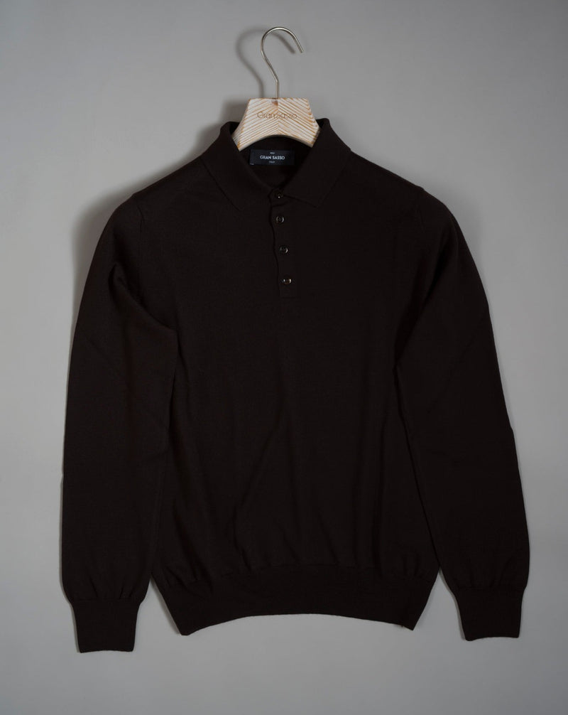 Gran Sasso cashmere and silk long sleeved polo shirt.   Art. 43103/15390 Col. 195 / Dark Brown 70% cashmere 30% silk Made in Italy 
