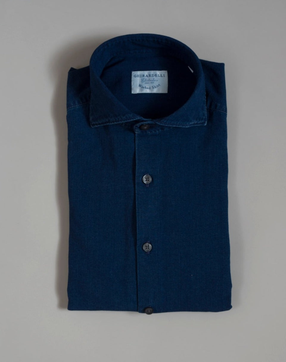 100% Cotton Col. 01 / Blue Art. PW1126 Mod. L69 Ghirardelli Washed Cotton Chambray Shirt / Dark Indigo