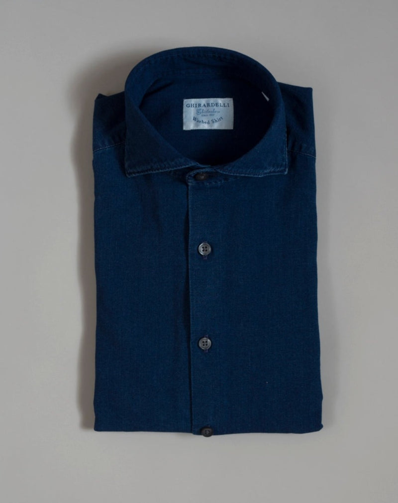 100% Cotton Col. 01 / Blue Art. PW1126 Mod. L69 Ghirardelli Washed Cotton Chambray Shirt / Dark Indigo