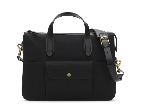 M/S Briefcase is a handy yet stylish casual bag for the office.  Separate inside laptop compartment (15"), and opposite two open "slit down" pockets. It has an outside signature pocket with enough room for an adaptor, etc. and two slim, slit-down pockets on either side for a mobile phone, iPod, pencils and more. Comes with an adjustable and detachable shoulder strap.  Holds up to 15" laptop